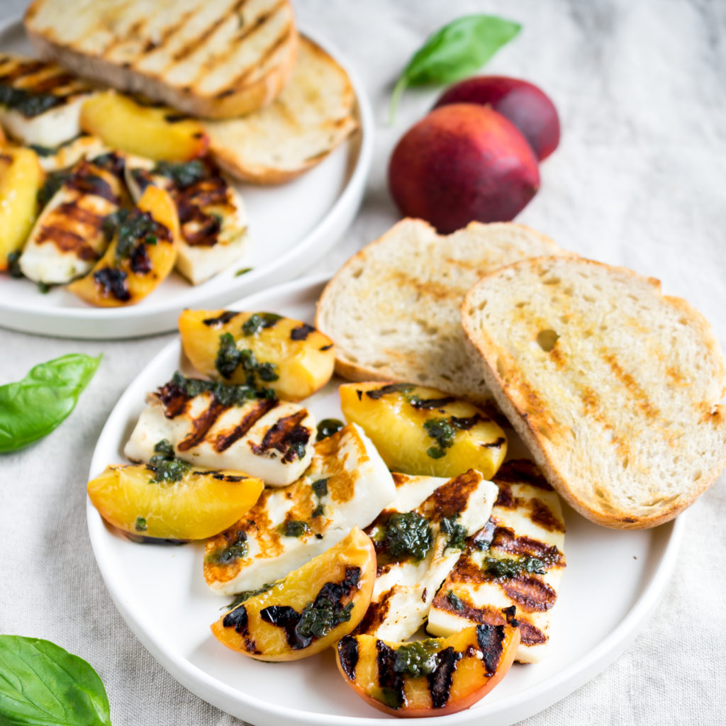 Grilled Halloumi and Peaches with BasilJalapeno Sauce